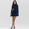 Dark Blue Two Pocket Sexy Mini Dress For Women Autumn Winter Long Sleeve Bodycon Club Party Dress Elegant