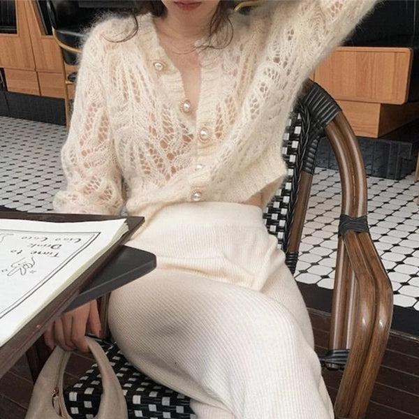 French Style Mohair Cardigan Sweater Women Autumn Sexy Hollow Out Short Knitted Coats Mujer Y2K Chic Design Streetwear Tops