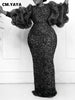 Women Bodycon Full Lantern Sleeve Maxi Long Dress Vintage Sequined O-neck Birthday Sexy Club Party Evening Dresses