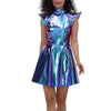 Women Metallic Shiny Dress Holographic Solid Color Turtleneck Pleated Dress Carnival Costume Gold Silver Rave Dress Outfits