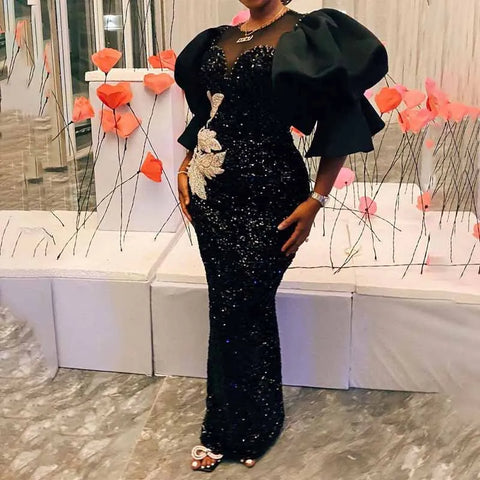 Long Black Dresses Velvet Sequins Embroidered Chest Wrapped Puff Sleeve Dress Classy Ladies Spring Fall Party christmas dresses