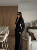 Women's Black Ruched Lace-up Blazer Co Ord Set Notched Collar Long Sleeve Cinch Waist Wide Leg Pants Casual Matching Suit