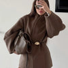 Chic Women's Solid Woolen Coat Elegant Full Sleeves Waist Tie Loose Outfit Autumn Commuting Daily Lady Street Jacket