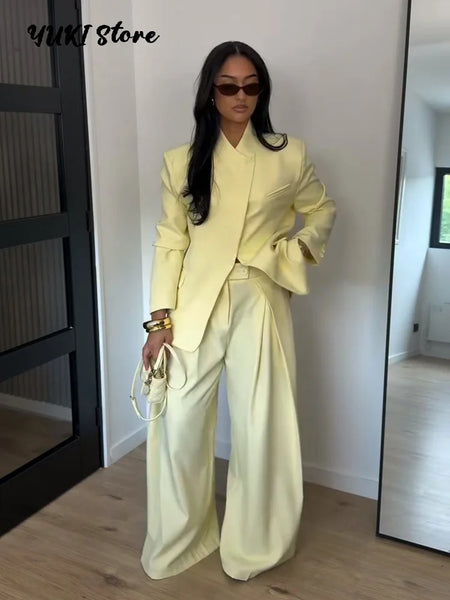 Chic Solid Stand Neck Blazer Jacket Pant Set Women Full Sleeve Shoulder Pads Coat Wide Leg Pants Autumn Commute Outfit