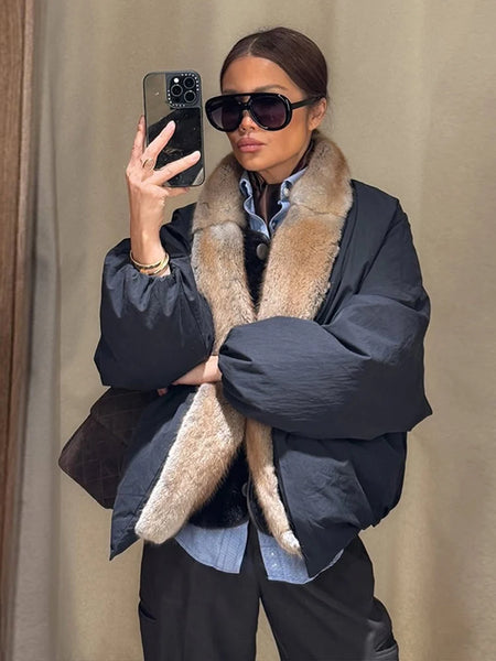 Women Faux Fur Collar Puffer Jacket Lapel Oversized Long Sleeve Warm Loose Thick Coat Female Winter Casual Jackets