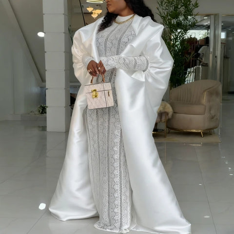 Two Pieces Set Loose Africa Clothing Kaftan Boubou Maxi Gown for Women Inside Lace Dresses with Cape Occasion Autumn