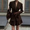 One Button Lace Blazer Women Black Slim V-neck Full Sleeve Shoulder Pads Jacket Fall Office Lady All-match Outwear