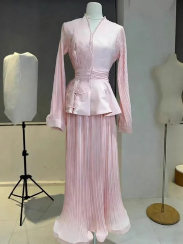 2 Pieces Set Solid Color Butterfly Decoration Waist Blazer Coat With Pleated Skirt Set Elegant Loose Fit Women