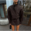 Vintage Solid Suede Skirt Two Piece Set Women Stand Collar Full Sleeve Zipper Jacket Mini Skirts Autumn Lady Streetwear