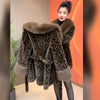 Women Autumn Winter Leopard Print Temperament Fur Coat Medium-Long High End Fur Collar With Belt Fur Jacket Overcoat