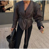 Woman Vintage Brown Lace Up Pu Leather Jacket Slim Fit Lapel Collar Long Sleeved Short Coats Fall Lady Chic Outfits
