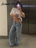 Y2K Women's Diamond Star Blue Jeans High Waist Pockets Zipper Wide Leg Denim Pant Summer Autumn Lady Street All-match Pants