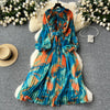 Retro Elegant Autumn Edible Tree Fungus Patchwork Long Sleeves Print Chiffon Dress A-line French Vintage Vacation Women Dresses