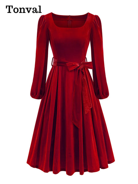Red Velvet Christmas Elegant Party Women Dress Square Neck Long Bishop Sleeve Autumn Winter Belted Swing Dresses