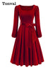 Red Velvet Christmas Elegant Party Women Dress Square Neck Long Bishop Sleeve Autumn Winter Belted Swing Dresses