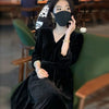 V-Neck Black Velvet Long Sleeve Dress For Women Spring Autumn Western Style Retro Solid Color Pleated Large Length Dresses