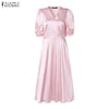 Women Silky Satin Party Midi Dress Elegant V-Neck Short Puff Sleeve Belted A-Line Dress Graceful Cocktail Vestidos Mujer