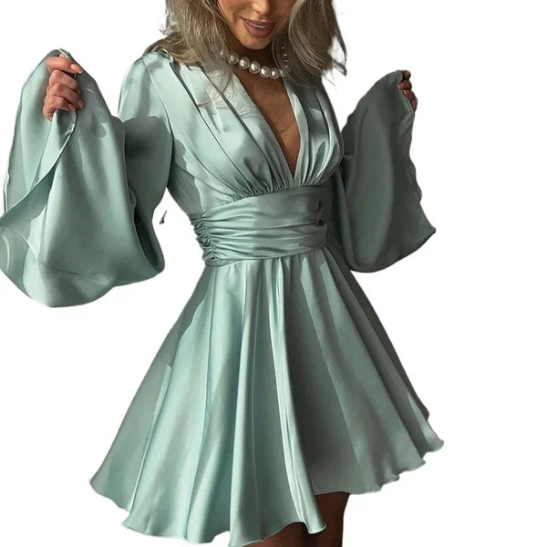 Elegant Party Satin Flare Long Sleeve Dress Women's Sexy Deep V Neck Solid Color Higt Waist Dresses Autumn short skirts