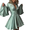 Elegant Party Satin Flare Long Sleeve Dress Women's Sexy Deep V Neck Solid Color Higt Waist Dresses Autumn short skirts