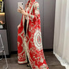 Red National Style Printting Pleated Women's Long Robe Chic Temperament Cardigan Trench Coat 2DB3930