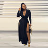 Plus Size Women Full Sleeve Evening Dresses Classic V-neck Maxi Vestidos Night Club Split Party Long Dress