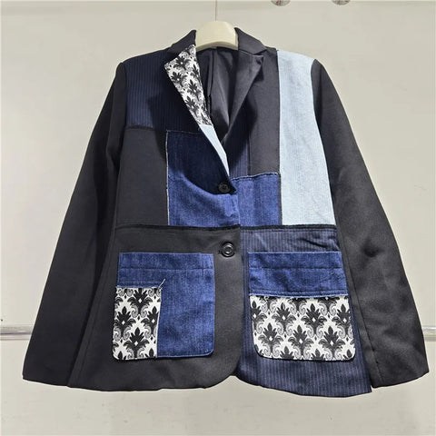 Korean-style Retro Denim Patchwork Contrast Color Embroidery Design Women's Blazer Autumn Suits