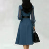 Women Denim Midi Dress Sheer Mesh Long Sleeve Stand Collar Belted A-Line Elegant Casual Office Party Dress