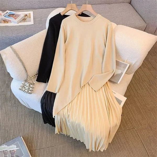Women Loose Irregular Knit Maxi Dress Autumn Winter Ladies Splicing Together Vestidos Female Fake Two Pieces Long Dresses