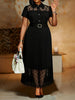 Elegant Women Black A Line Dress Sheer Lapel Collar Patchwork Pleated Lace Hem Loose Church Wedding Guest Office Causal Wear
