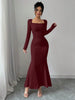 Women's Four Seasons Women's Elegant Temperament Retro Solid Color Square Collar Long Sleeve Dress