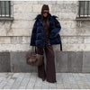 Chic Shiny Hooded Cotton Jacket With Belt Women Elegant Long Sleeve Zipper Lace Up Coats Lady Winter Street Warm Outerwear