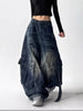 American Retro Y2K Style Washed Distressed Blue Baggy Women's Cargo Jeans Pants For Woman Clothing Wide Leg Denim Trousers