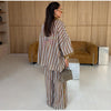 Striped Print Shirt Pants Set Turn Down Collar Three Quarter Sleeve Blouses Wide Leg Trousers Suit Casual Chic Women Outfit