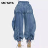 Women Streetwear Drawstring Fly Denim Pants Autumn Loose Safari Style Cargo Harem Hip Hop Jeans