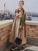Trench Coat Women's Chic Splicing Color Block Lapel Double Breasted Long Windbreaker Belt Coat Spring 2DA1718