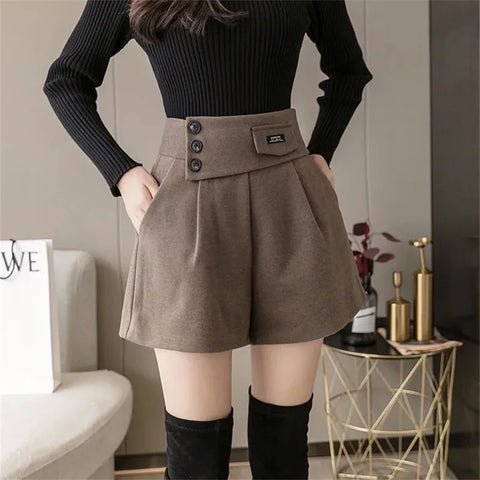 Autumn Female High Waist Pleated Pantalons Women Wide Leg Solid Color Woolen Pants Korean Ladies Large Size 4XL Short Trousers