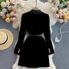 Autumn Winter British Style Double breasted Slim Velvet Dress Femme Vintage Elegant Solid Color Lapel Collar Vestido