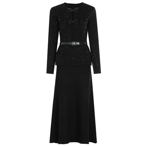 25289 High-quality Elastic Knitted Round Neck Slim Fit Butterfly Heavy Industry Nail Bead Long Sleeved Women's Dress