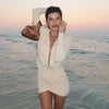Deep V-Neck Shoulder Pads Gathered Dress Women Sexy Hip Wrap Slim Cross Dress Female Daily Dating Party Dress