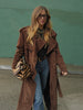 Women's Vintage Brown Suede Trench Coat Long Belted Overcoat Retro Windbreaker Female Date Commuter Streetwear Outerwear