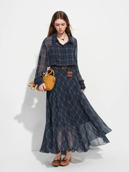 Retro Checkered Elegant Commuter Dress for Women Spring Quick-Drying Easy-Care WIth Inner camisole Dress