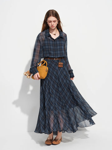 Retro Checkered Elegant Commuter Dress for Women Spring Quick-Drying Easy-Care WIth Inner camisole Dress