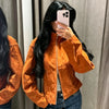 Faux Suede Cropped Jacket Women's Jacket Autumn Orange Long Sleeve Stand Collar Zip-Up Slim Outerwear Chic Top