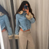 Furry Trim Cropped Denim Jacket Single Breasted Long‑Sleeve Winter Women Warm Outerwear Versatile Lady Casual Jean Coat