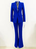 High Street Designer Runway Suit Set Women's Single Button Slim Fit Lapel Blazer Flare Pants Suit 2pcs Royal Blue