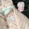 Japanese Preppy Style Cartoon Embroidery Lolita Parkas Women Fur Patchwork Hooded Jacket Coat Harajuku Y2k Winter Warm Clothing