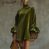 Autumn Turtleneck Solid Soft Velvet Dress Woman Casual Patchwork Leopard Ruffle Mini Dress Winter Long Sleeve A-Line Party Dress