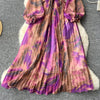 Retro Elegant Autumn Edible Tree Fungus Patchwork Long Sleeves Print Chiffon Dress A-line French Vintage Vacation Women Dresses