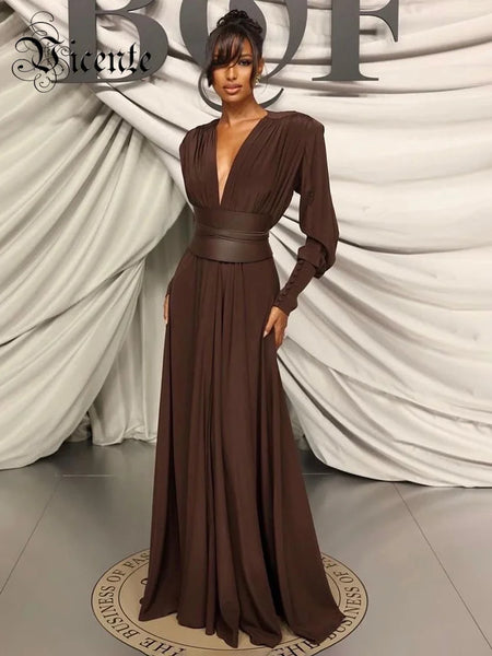 Dresses For Women Plunging V Neck High Waist Belt Long Sleeves Wedding Party Dress Brown Gowns