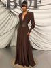 Dresses For Women Plunging V Neck High Waist Belt Long Sleeves Wedding Party Dress Brown Gowns
